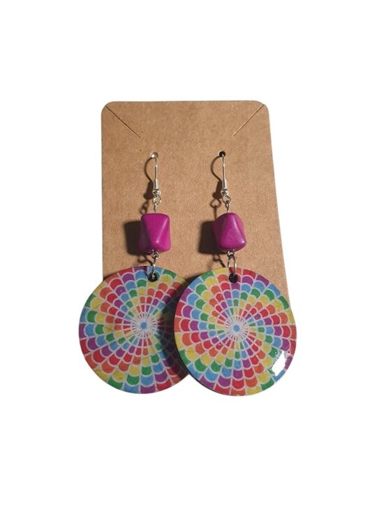 Unbranded Jewelry - Rainbow Mandala Dangle Earrings Boho Colorful Round Polka Dot Back Purple Lightw